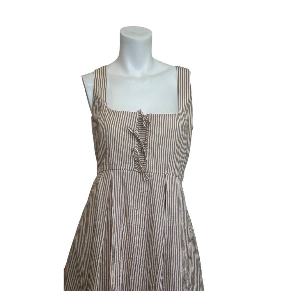 Thierry Colson Winifred Tie Front Midi Dress Cream & Tan Striped Cotton sz M - Picture 4 of 14